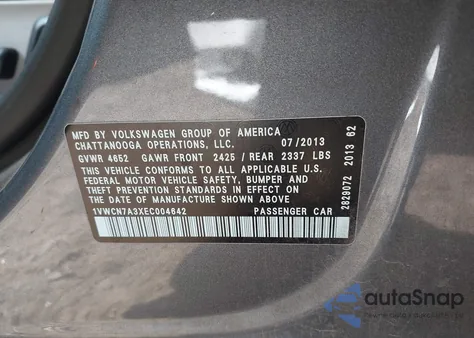 2014 Volkswagen Passat 2.0L Tdi Sel Premium from USA, damaged, VIN 1VWCN7A3XEC004642